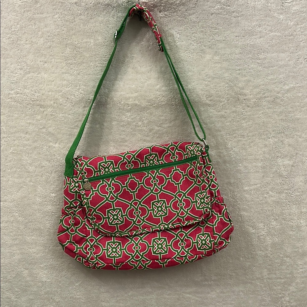 Pink and Green Geometric Shoulder Bag with Flap Closure